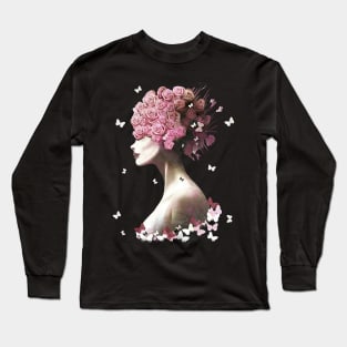 Floral lady, cute girl and pink flowers, watercolor roses and butterflies, cute, anime, kawaii, seasonal Long Sleeve T-Shirt